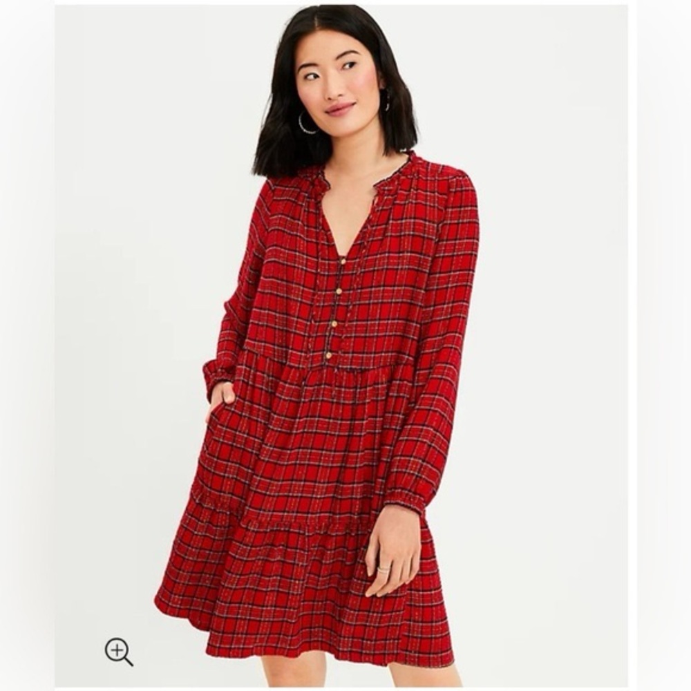 LOFT Red Plaid Long Sleeve Dress